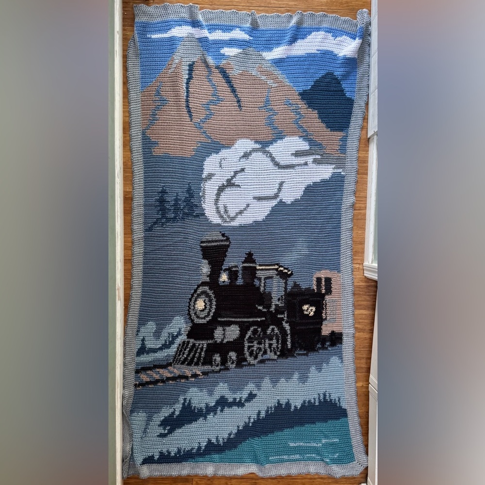 Beautiful Blanket Steam Train Knit Crocheted Afghan